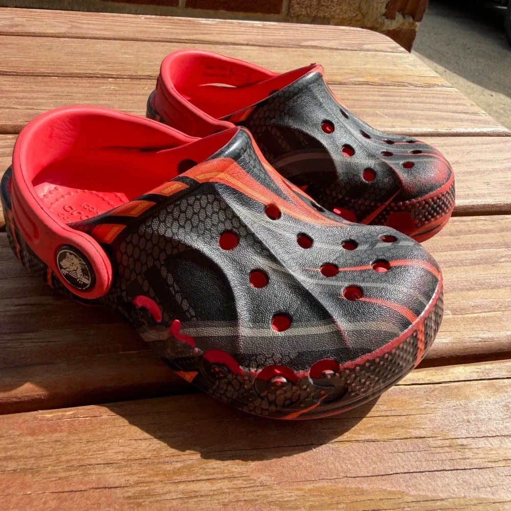 Crocs Kids Classic Clog Black Red Orange Flame Graphic Slip On Shoes Kids 8